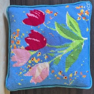 Floral Needlepoint Pillow Vintage Blues Reds Greens
